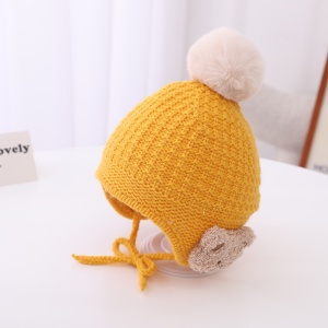 Caciula pentru copii, model pom pom si ursulet la urechi, prindere sub barbie reglabila, tematica prietenul meu blanos, 1 – 2 ani, galbena - Img 2