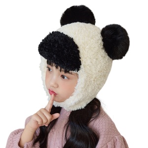Caciula pentru copii, prelungire cu urechi, model pom pom calduros, prindere sub barbie, tematica cute and funny, 4 – 10 ani, alb cu negru