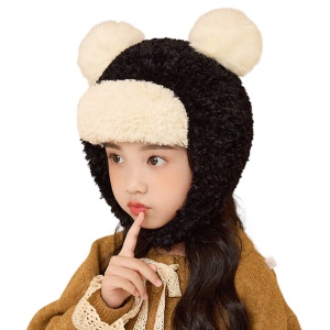 Caciula pentru copii, prelungire cu urechi, model pom pom calduros, prindere sub barbie, tematica cute and funny, 4 – 10 ani, neagra