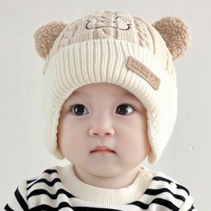 Caciula pentru copii, prelungire pentru urechiuse, imprimeu ursulet, model cute, tematica happy little bear, 6 luni – 3 ani, bej - Img 3