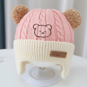Caciula pentru copii, prelungire pentru urechiuse, imprimeu ursulet, model cute, tematica happy little bear, 6 luni – 3 ani, roz - Img 3