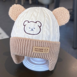 Caciula pentru copii, prelungire pentru urechiuse, imprimeu ursulet, model cute, tematica happy little bear, 6 luni – 3 ani, bej cu maro - Img 4