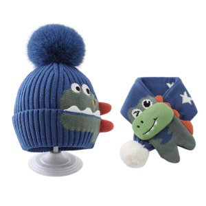 Caciula pentru copii, set doua piese, model foarte haios si vesel cu pompom si fular asortat, tematica animale haioase, 1 - 6 ani, albastra