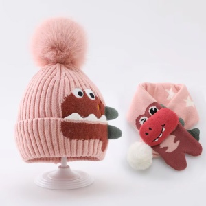 Caciula pentru copii, set doua piese, model foarte haios si vesel cu pompom si fular asortat, tematica animale haioase, 1 - 6 ani, roz - Img 3