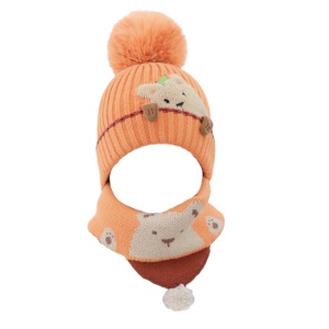 Caciula pentru copii, set doua piese, model pom pom cu ursulet curios, fular asortat tip guler, tematica I’m a friendly little bear, 12 luni – 2 ani, portocalie