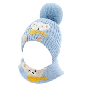 Caciula pentru copii, set doua piese, model pom pom si fulat asortat, tematica familie prietenoasa de ursuleti, 1 – 3 ani, albastra