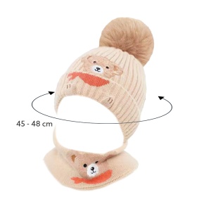 Caciula pentru copii, set doua piese, model pom pom si fulat asortat, tematica familie prietenoasa de ursuleti, 1 – 3 ani, bej - Img 4