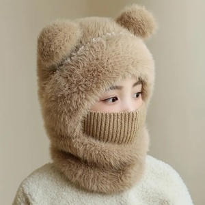 Caciula pentru copii, tip cagula cu guler, model pufos cu urechiuse ascutite, tematica fluffy cozy bear, 1 – 4 ani, maro inchis - Img 2