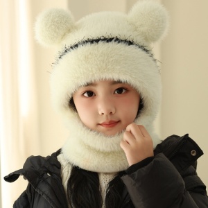 Caciula pentru copii, tip cagula cu guler, model pufos cu urechiuse ascutite, tematica fluffy cozy bear, 1 – 4 ani, alba - Img 3