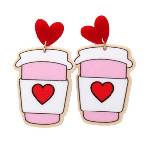 Cercei dama cu pahar de cafea si inimioare, model fashion vesel, tematica crazy love, roz