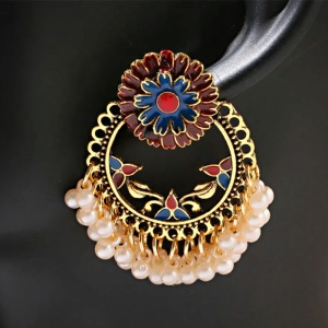 Cercei dama, model retro indian, cu accesorii perlute, rotunzi, rosii - Img 3