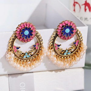Cercei dama, model retro indian, cu accesorii perlute, rotunzi, roz - Img 2