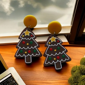 Cercei dama, tematica de Craciun, model de poveste cu bradut impodobit, maro - Img 3