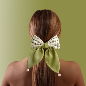 Clama de par, model office style cu funda, tematica green world, cu imprimeu abstract si accesorii perlute, verde - Img 2