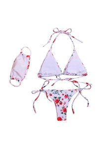 Costum de baie cu masca, 3 piese, print floral, slip brazilian, sutien reglabil RO - Img 2