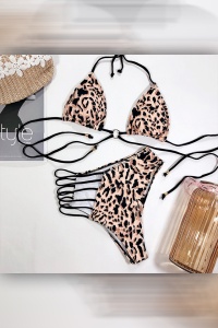 Costum de baie dama, 2 piese, imprimeu animal print leopard, maro, sutien reglabil, slip talie inalta brazilian cu scobitura - Img 4