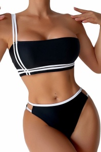 Costum de baie dama, 2 piese, model chic cu margine de contrast, sutien tip bustiera si chilot decupaj clasic, tematica chill summer negru