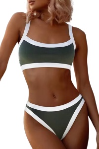 Costum de baie dama, 2 piese, model chic cu margine de contrast, sutien cu bretele reglabile si chilot decupaj clasic, tematica sport beach verde cu alb
