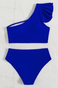Costum de baie dama, 2 piese, model cool seducator, top tip bustiera cu prindere pe un umar si chilot talie inalta, tematica sexy elegant summer albastru - Img 2