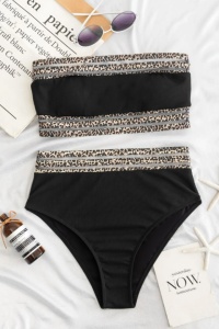 Costum de baie dama, 2 piese, model delicat incitant, sutien tip bustiera si chilot talie inalta, detalii transparente cu imprimeu animal print, tematica cool summer negru - Img 4