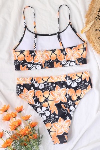 Costum de baie dama, 2 piese, model floral, sutien tip bustiera si chilot cu talie inalta negru - Img 4