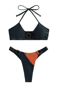 Costum de baie dama, 2 piese, model minimalist cu accesorii, sutien prindere dupa gat si chilot decupaj tanga, detaliu de contrast, tematica hot bikini summer negru cu maro - Img 2