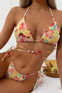 Costum de baie dama, 2 piese, model minimalist senzual, sutien cupe triunghiulare cu prindere crossbody, chilot decupaj clasic croi ingust reglabil, tematica summer flower galben - Img 4