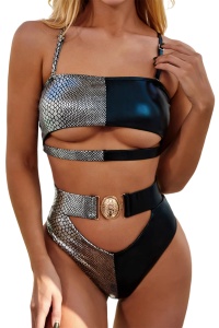 Costum de baie dama, 2 piese, model sexy summer cu taietura la sani, chilot talie inalta cu decupaj si prindere cu accesoriu tip catarama gri cu negru