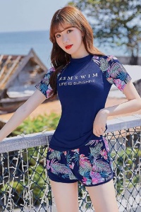 Costum de baie dama, 2 piese, model sport, bluza maneca scurta si pantaloni scurti, tematica active summer albastru - Img 3