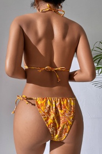 Costum de baie dama, 2 piese, model summer hot imprimeu grafic, accesoriu rotund si chilot reglabil pe o parte portocaliu - Img 2
