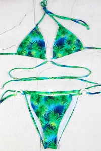 Costum de baie dama, 2 piese, verde, chilot brazilian reglabil, sutien reglabil si accesorii rotunde - Img 3