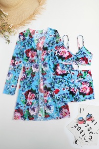 Costum de baie dama, 3 piese, model confortabil elegant pentru vara, sutien tip bustiera, chilot cu fronseu si cover up cu maneci lungi albastru - Img 4