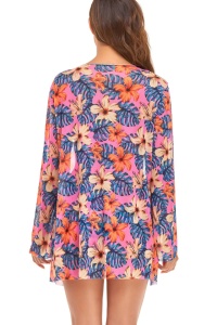 Costum de baie dama, 3 piese, model floral, sutien cu accesoriu metalic, chilot clasic si cover up cu maneci lungi roz - Img 2