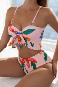Costum de baie dama, 3 piese, model vesel cu imprimeu floral, top tip bustiera, chilot talie inalta si cover up tip fusta asortata, tematica I love flowers multicolor - Img 3