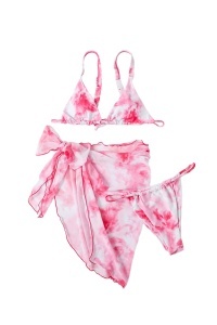 Costum de baie dama, 3 piese, motiv floral, z, slip brazilian, sutien reglabil si esarfa tip fusta