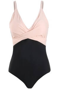 Costum de baie dama, o piesa, clasic cu croi chic, model delicat roz cu negru - Img 4