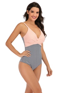 Costum de baie dama, o piesa, clasic cu croi chic, model dungi roz - Img 3