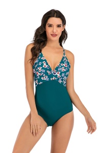Costum de baie dama, o piesa, clasic cu croi chic, model floral, M3 verde