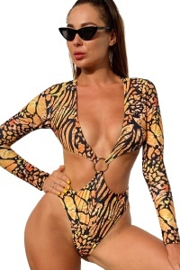 Costum de baie dama, o piesa, cu maneca lunga, imprimeu cu motive tigrate cu accesoriu auriu, slip tanga RO