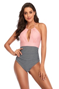 Costum de baie dama, o piesa, model chic summer, detalii care subtiaza si accentueaza talia roz