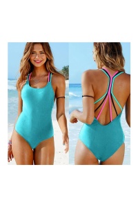 Costum de baie dama, o piesa, model clasic atragator cu bretele multiple si chilot decupaj normal, culori vii si intense, tematica all eyes on me albastru - Img 3