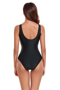 Costum de baie dama, o piesa, model clasic cu decolteu adanc in V tip corset, chilot decupaj clasic, tematica hot vibes negru - Img 4
