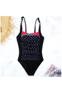 Costum de baie dama, o piesa, model clasic, imprimeu buline mici, cu detaliu rosu - Img 3