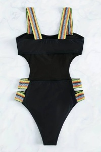 Costum de baie dama, o piesa, model cu decupaje provocatoare, chilot decupaj clasic, bretele colorate, tematica sexy summer negru - Img 2