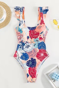 Costum de baie dama, o piesa, model floral, bretele reglabile si chilot decupaj clasic, tematica I love flowers multicolor - Img 3