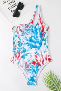 Costum de baie dama, o piesa, model happy summer wild splash, prindere fixa pe un umar albastru - Img 3