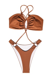 Costum de baie dama, o piesa, model sexy cu linii provocatoare maro - Img 4
