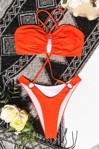 Costum de baie dama, o piesa, model sexy cu linii provocatoare portocaliu - Img 4