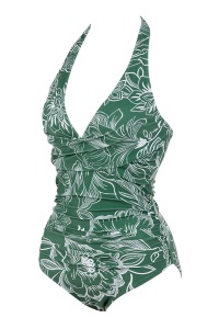 Costum de baie, o piesa, model clasic elegant, prindere dupa gat, decolteu adanc si spate gol, chilot decupaj clasic, tematica I love flowers verde - Img 3