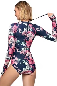 Costum de baie, o piesa, model confortabil, imprimeu floral, maneci lungi prindere pe un deget, chilot decupaj clasic, tematica summer chill multicolor - Img 2